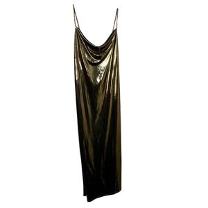 Johnny Wujek Party Gold Metallic Cowl Neck Maxi Dress XL Spaghetti Strap Gown